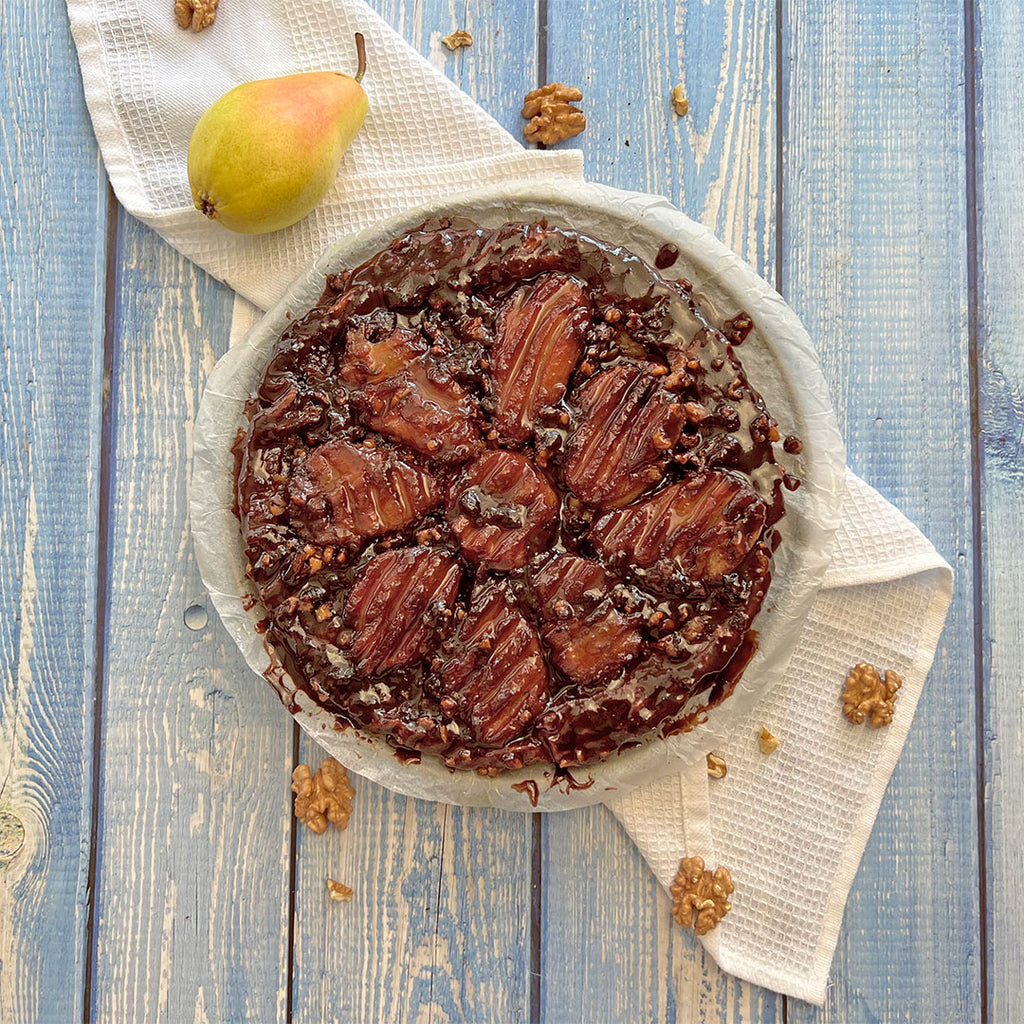 Salted Honey, Pear and Chocolate Tarte Tatin
