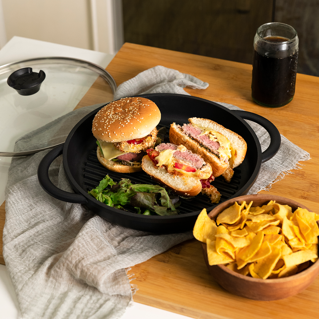 Bacon Cheeseburger with Baked Parmesan Onion Rings