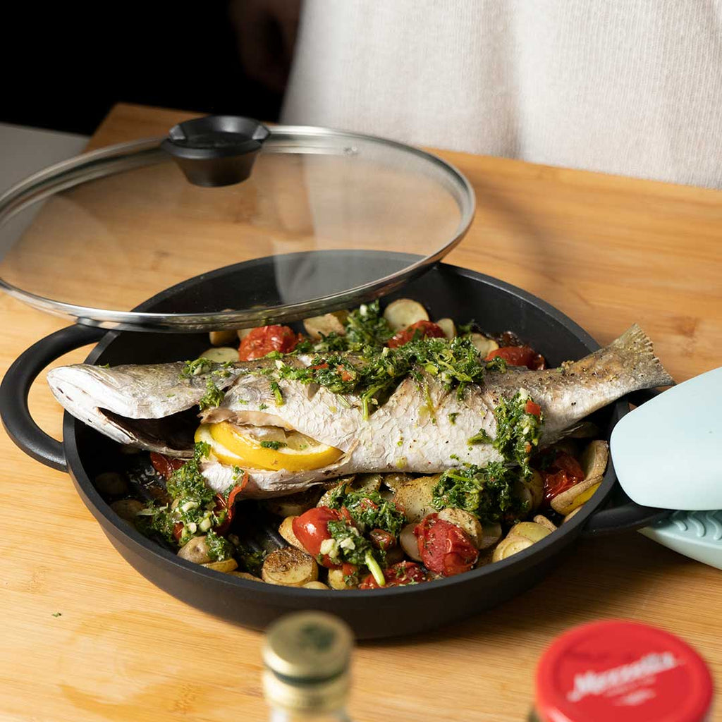 Whole Baked Fish with Watercress & Chilli Salsa