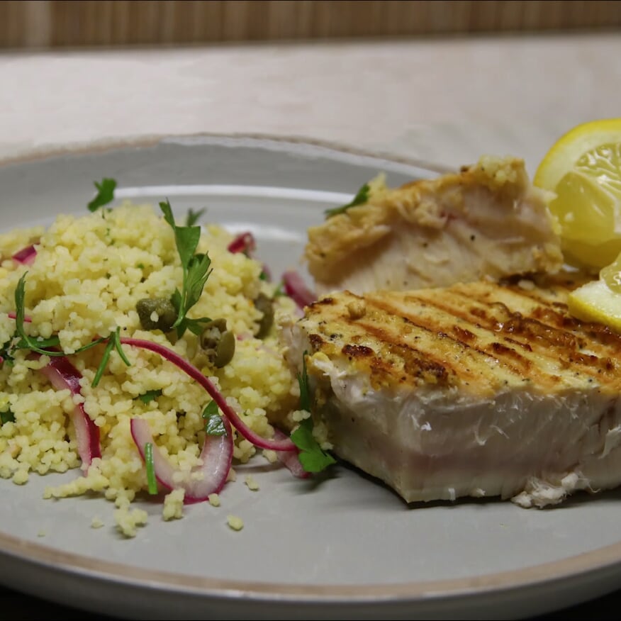 Hot Mustard Grilled Tuna Steaks with Herby Couscous