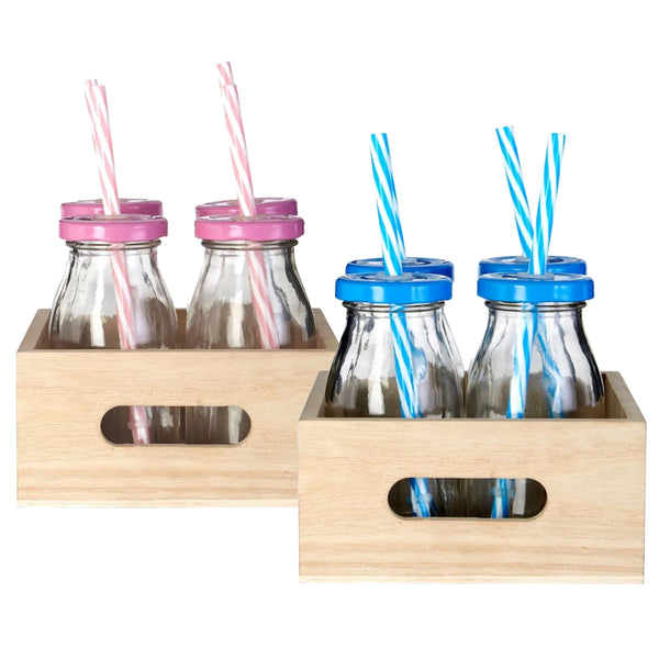 Set of 4 Glass Drinking Bottles with Wooden Crate