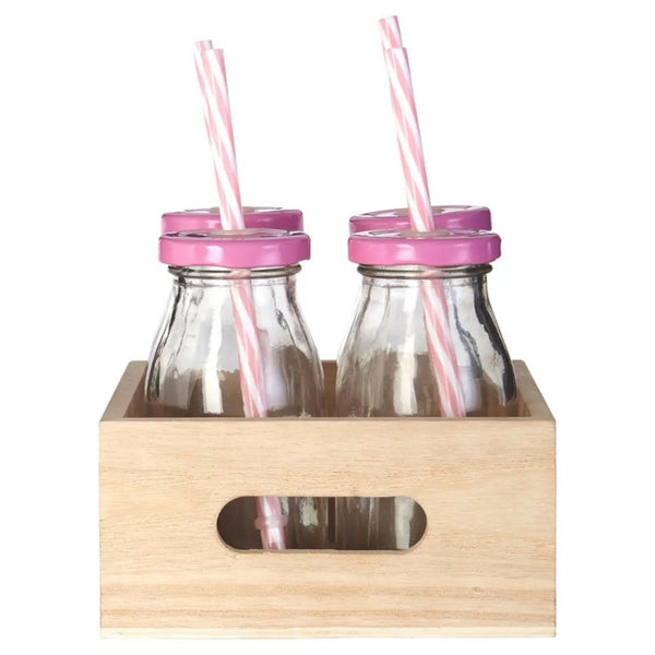 Set of 4 Glass Drinking Bottles with Wooden Crate