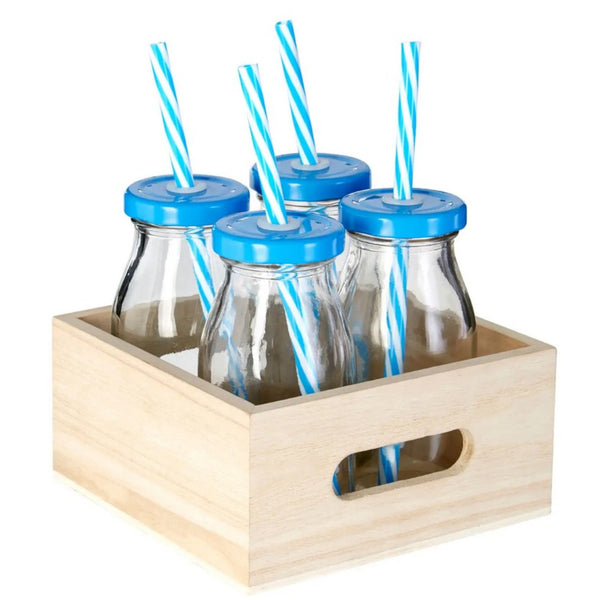 Set of 4 Glass Drinking Bottles with Wooden Crate