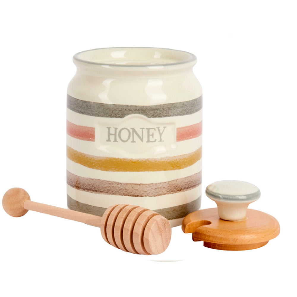 Striped Ceramic Honey Pot & Wooden Dipper