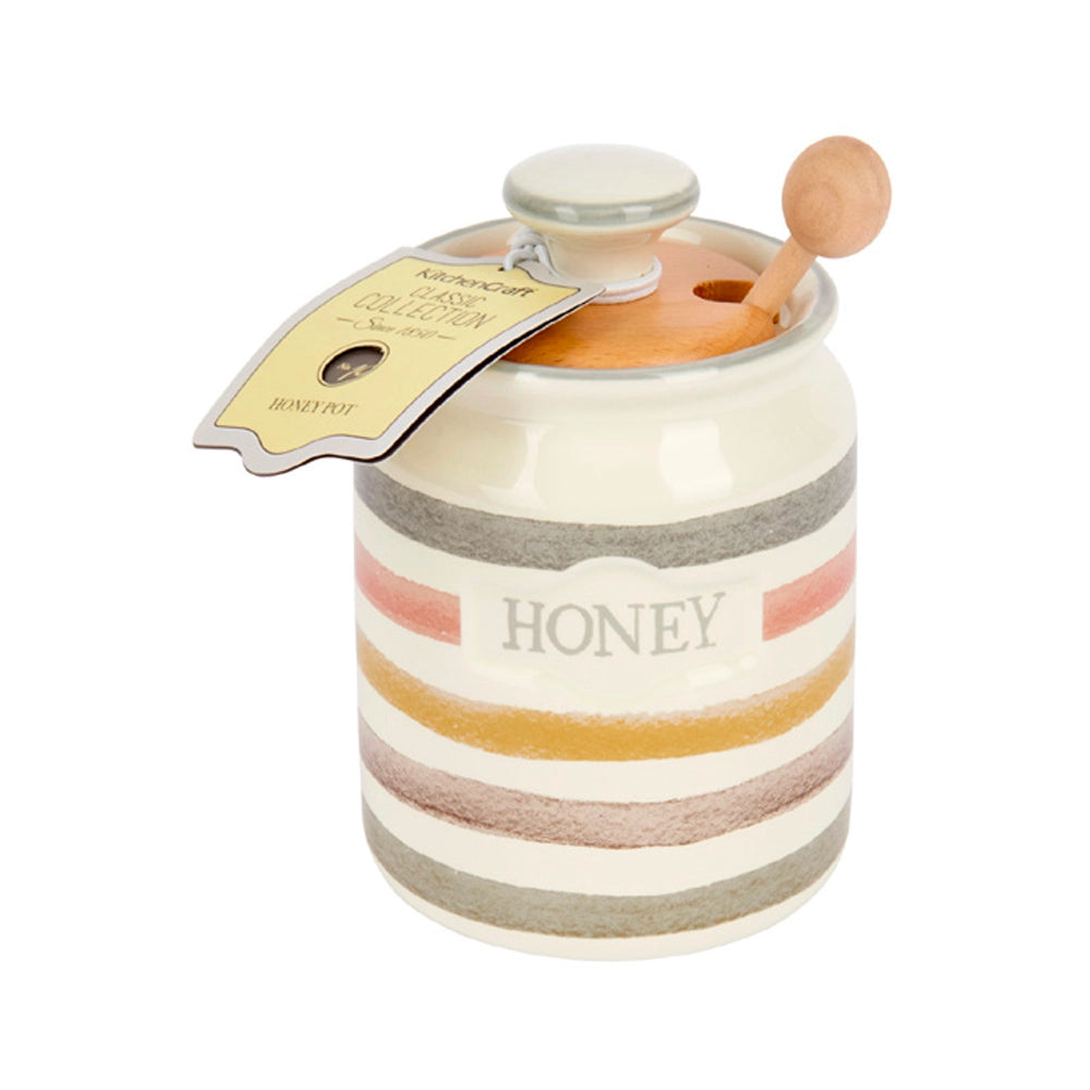 Striped Ceramic Honey Pot & Wooden Dipper