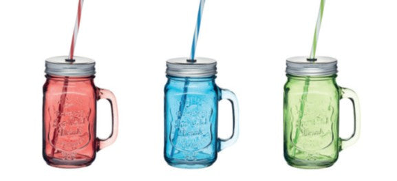 Coloured Glass Drinks Jar with Straw